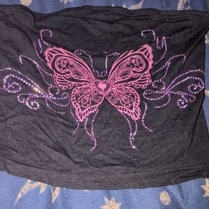 Black Tube Top with Pink Butterfly and Purple Rhinestones Y2K Emo Alt